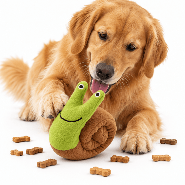Treat Snuffle Snail plush dog toy in green and brown fleece, with a smiling snail face and rolled shell for hiding treats