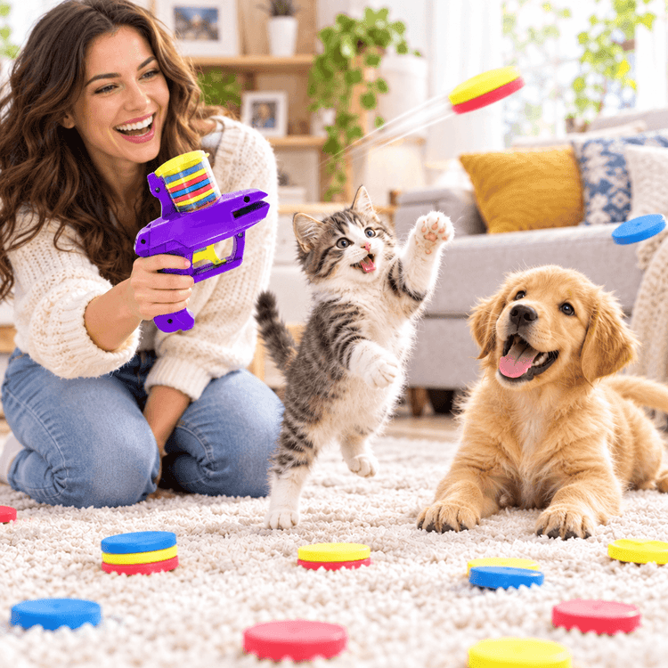 UFO Radish Gun Toy in purple with a colorful striped barrel, launching bright discs as a cat and dog play nearby